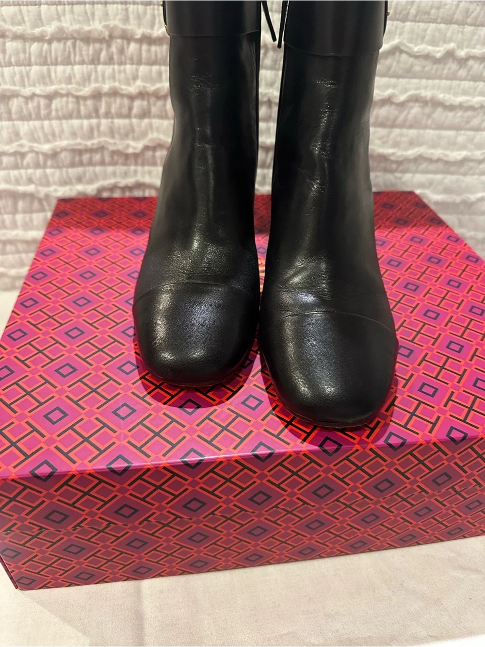Tory Burch Multi Logo Heel Ankle Boot Goat Leather Black Size 7